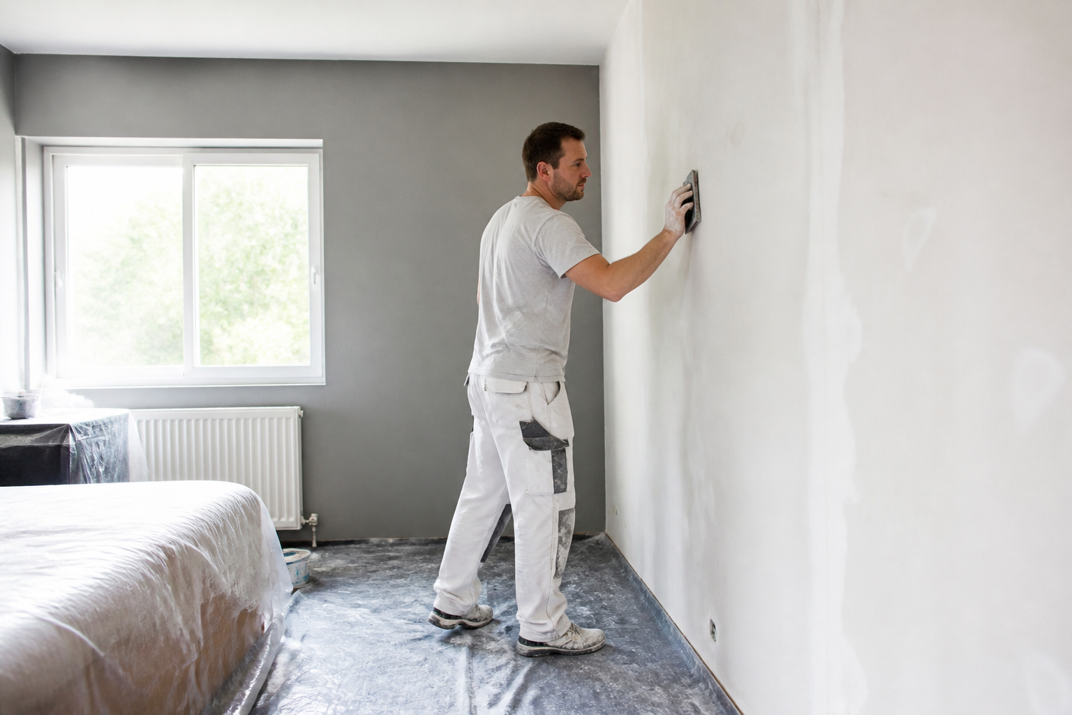 Artisan préparant le support mural intérieur avant peinture dans une chambre