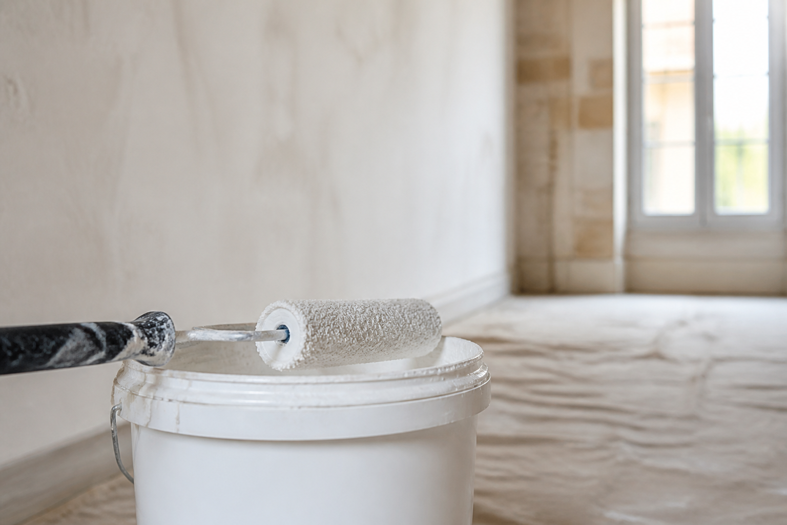 Pot de peinture blanc et rouleau prêt à peindre mur intérieur