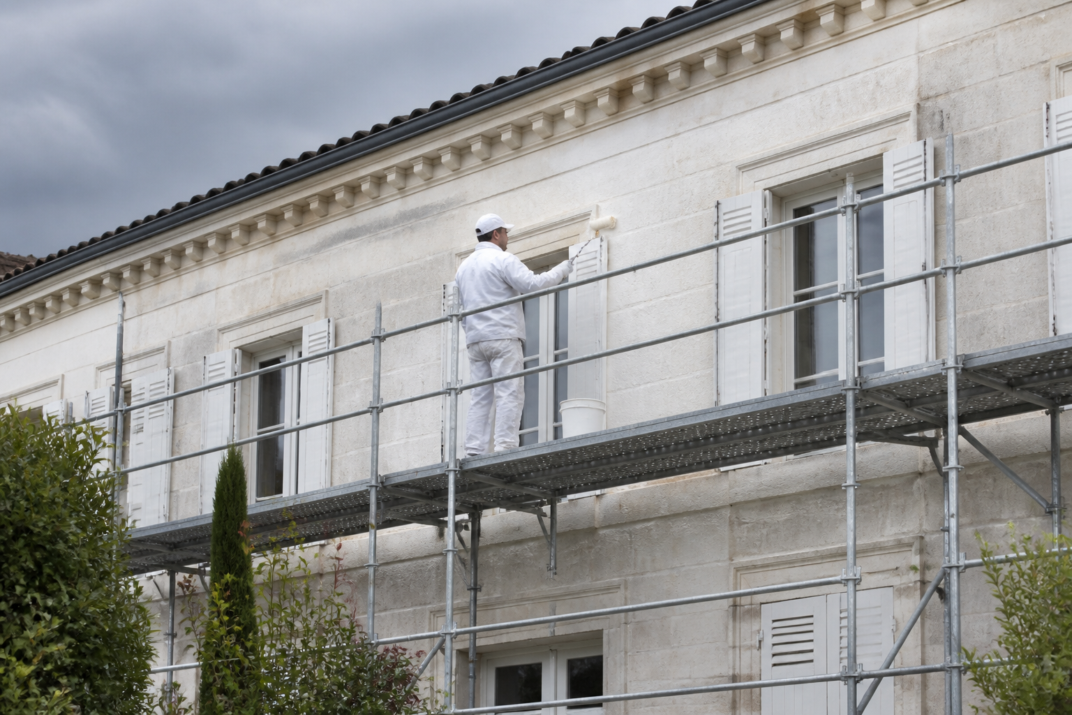Peinture façade maison en Gironde avec échafaudage et préparation