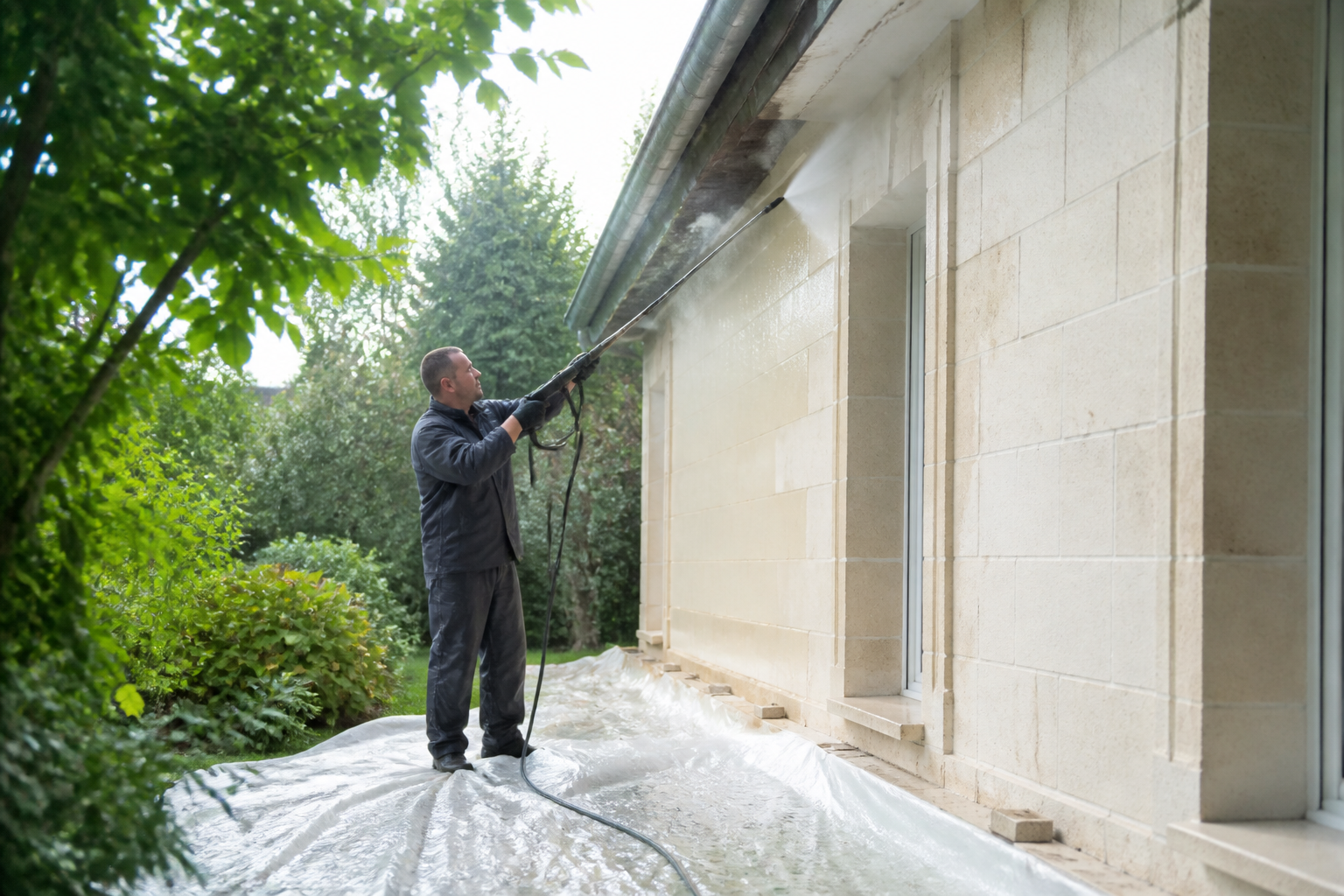 Préparation de la façade avant peinture en Gironde nettoyage haute pression