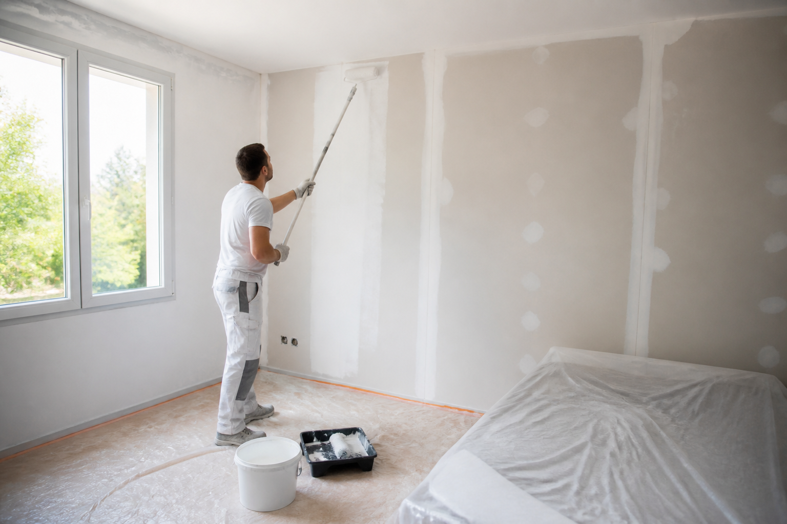 Préparation du support mural dans une chambre pour travaux de peinture