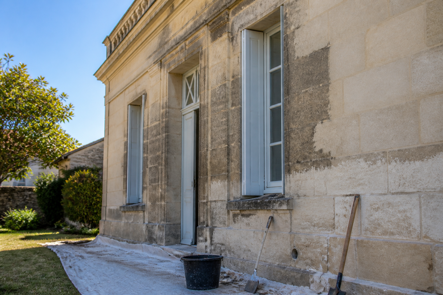 Façade ancienne en Gironde en cours de décapage peinture