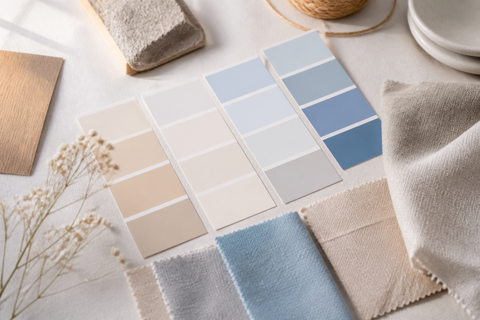Nuancier de couleurs pastel et neutres pour peinture de salon lumineux