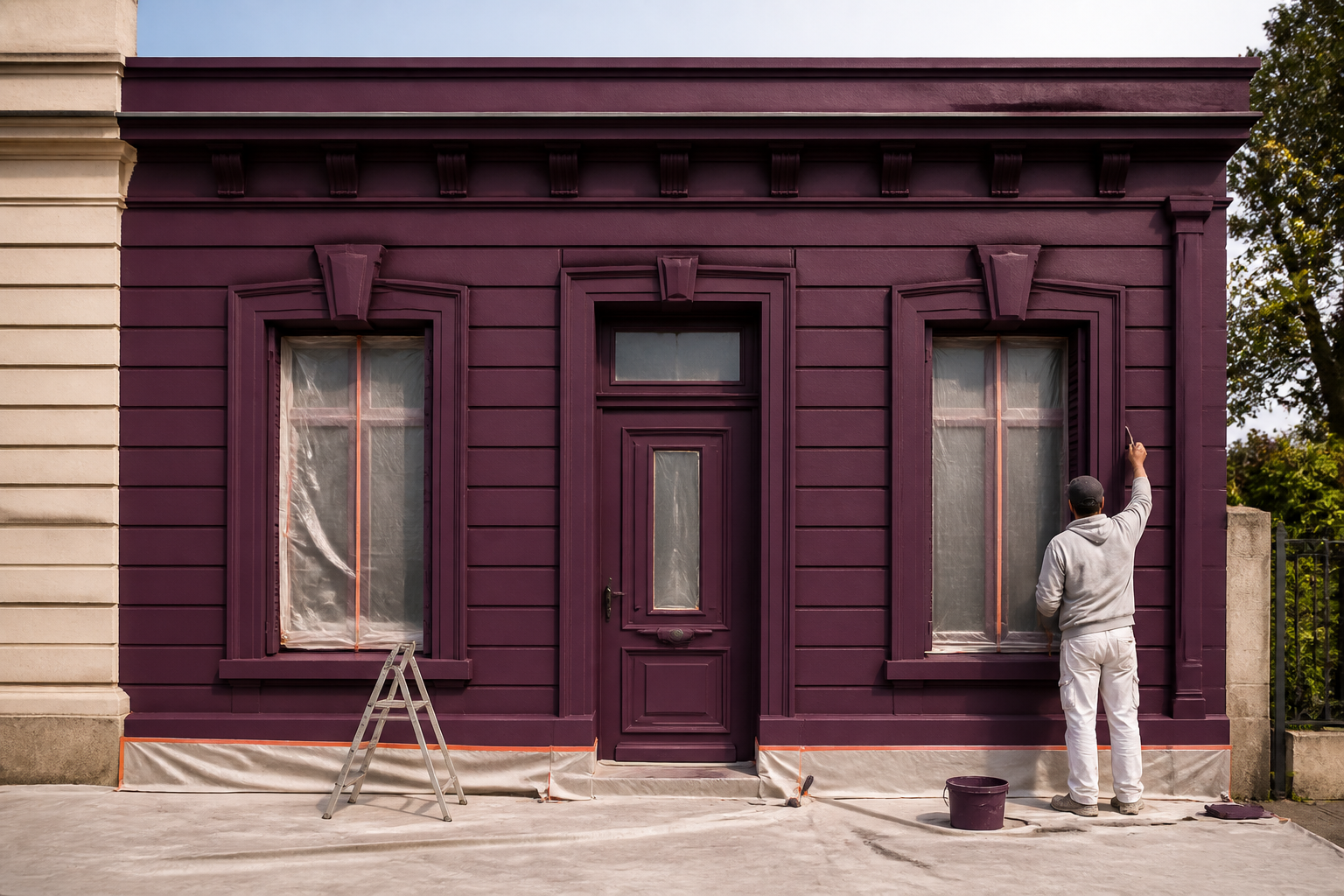 Façade en pierre peinte en couleur prune, chantier propre en Gironde