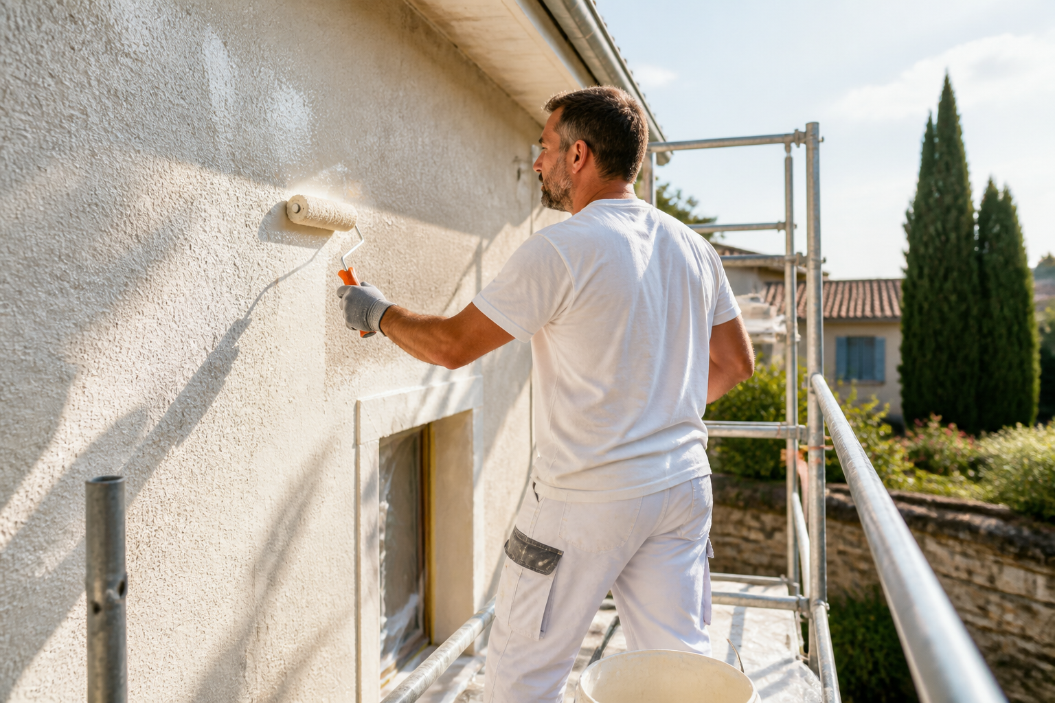 Application peinture façade blanc cassé au rouleau en Gironde
