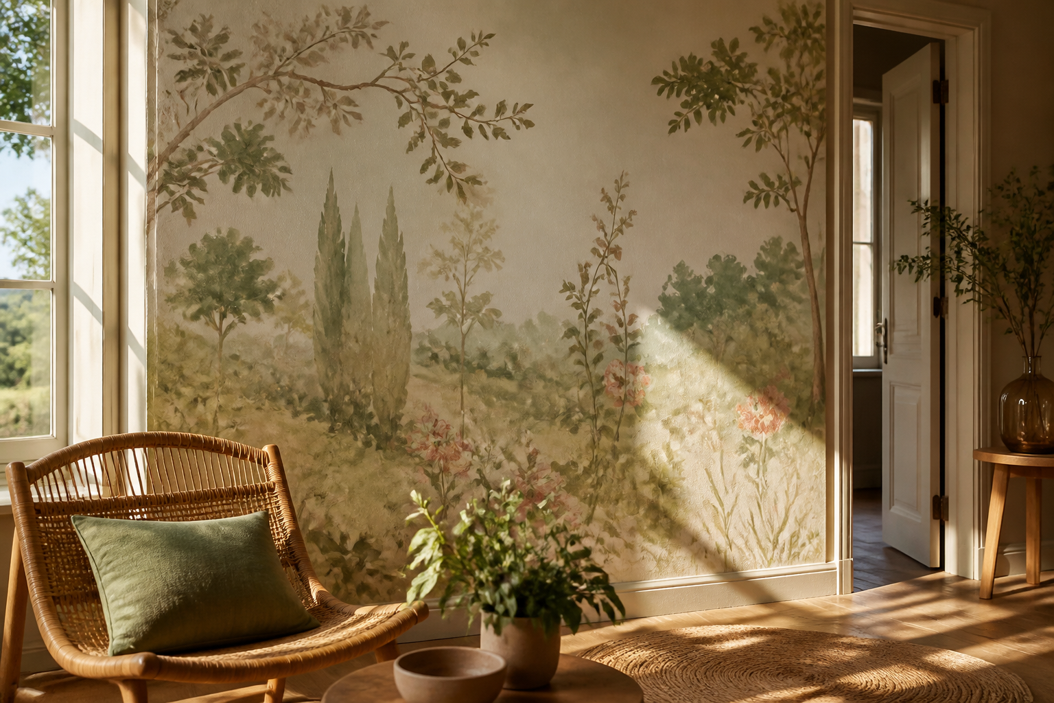 Motif peinture murale floral aux couleurs naturelles dans une pièce intérieure en Gironde