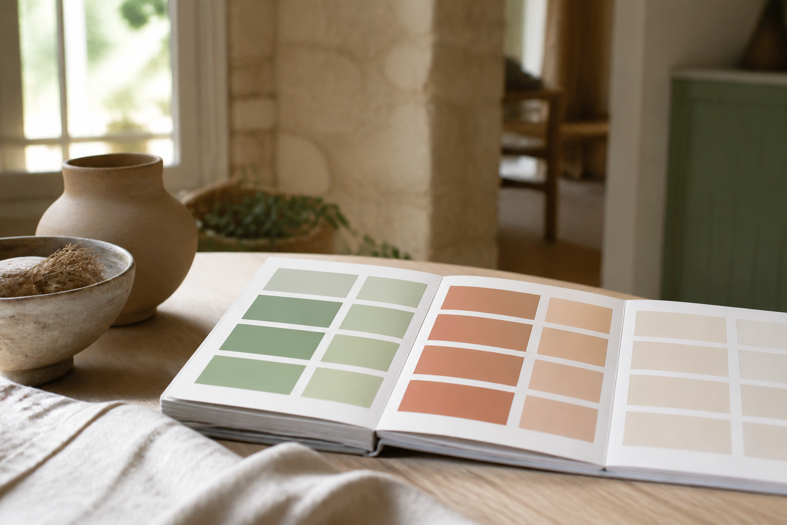 Nuancier de couleurs proposées pour une cuisine ouverte en Gironde
