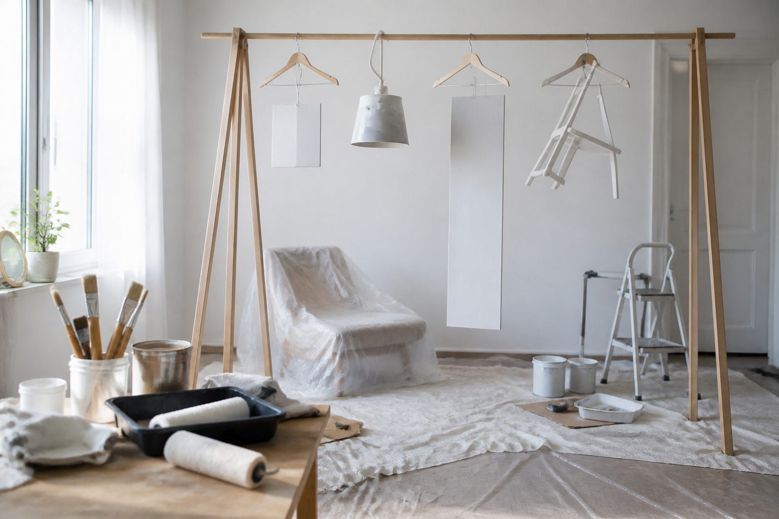 Atelier peinture maison avec protections sol et cintres pour objets