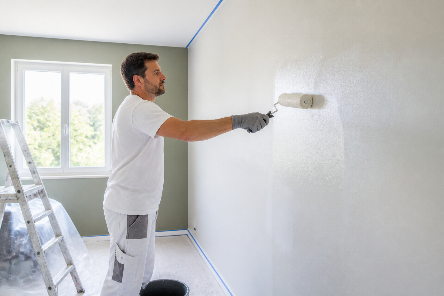 Application de peinture acrylique satinée sur mur intérieur d’une chambre en Gironde