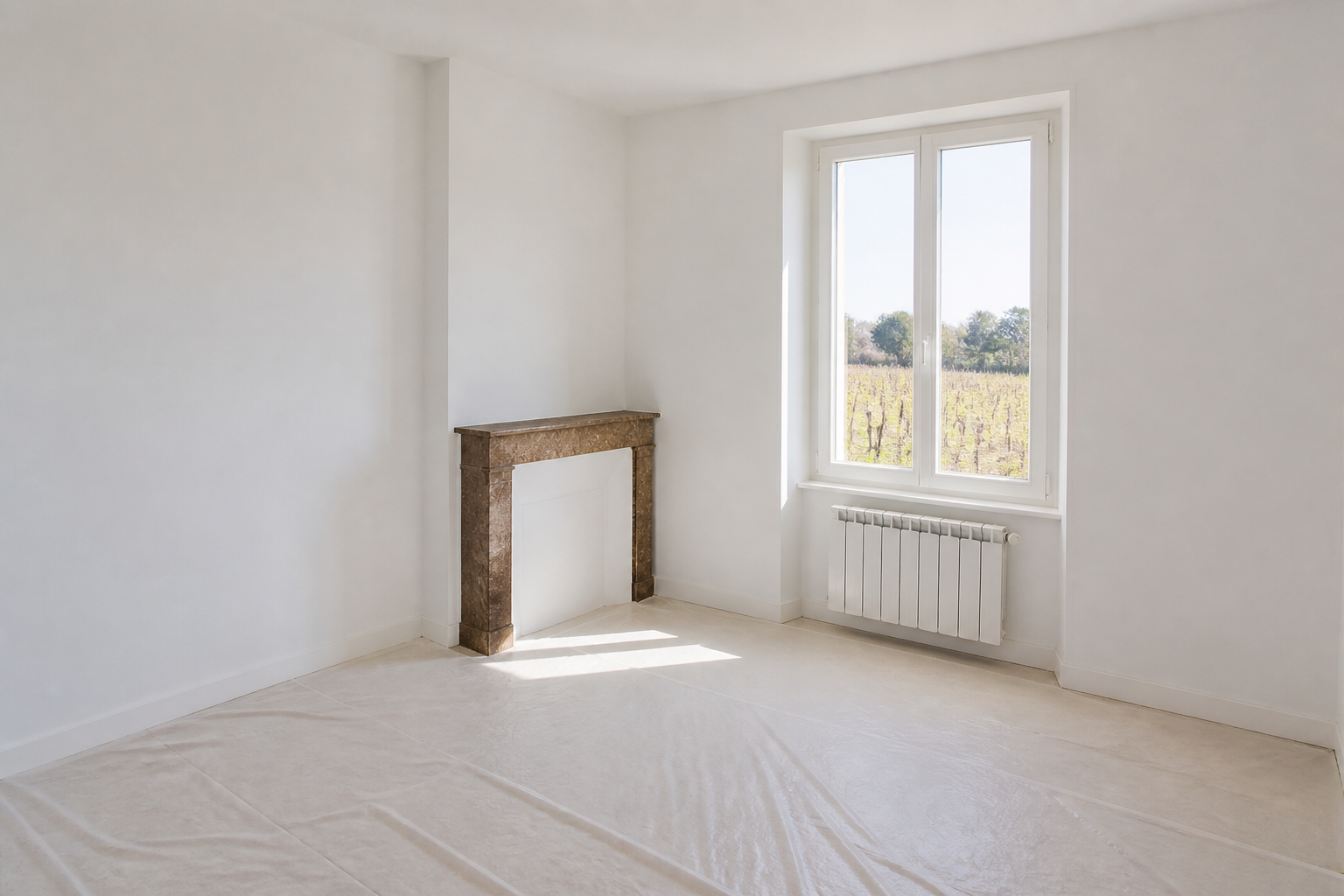 Mur blanc fraîchement peint dans une chambre lumineuse en Gironde, sol protégé
