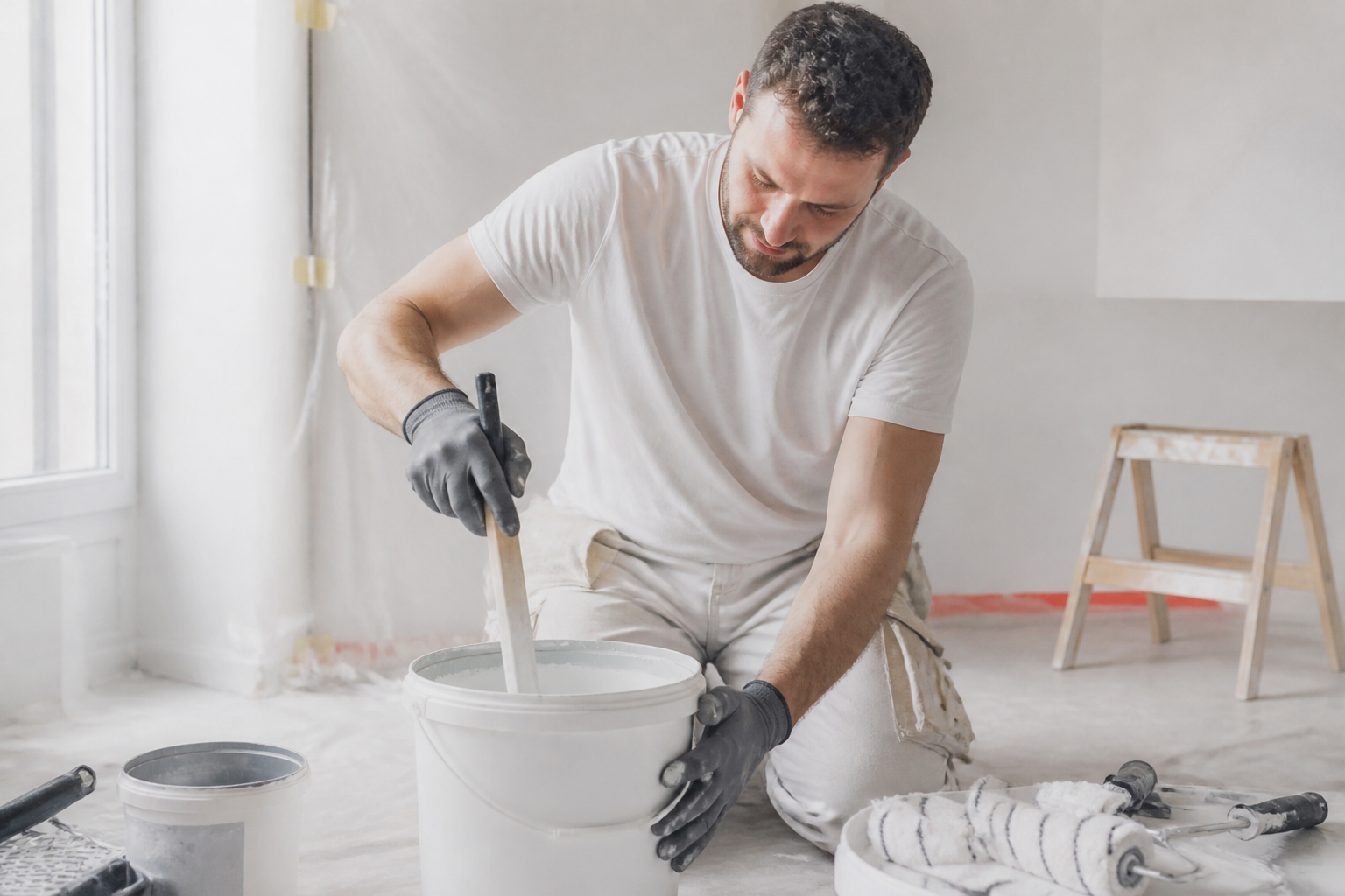 Artisan préparant de la peinture maison pour murs intérieurs en Gironde