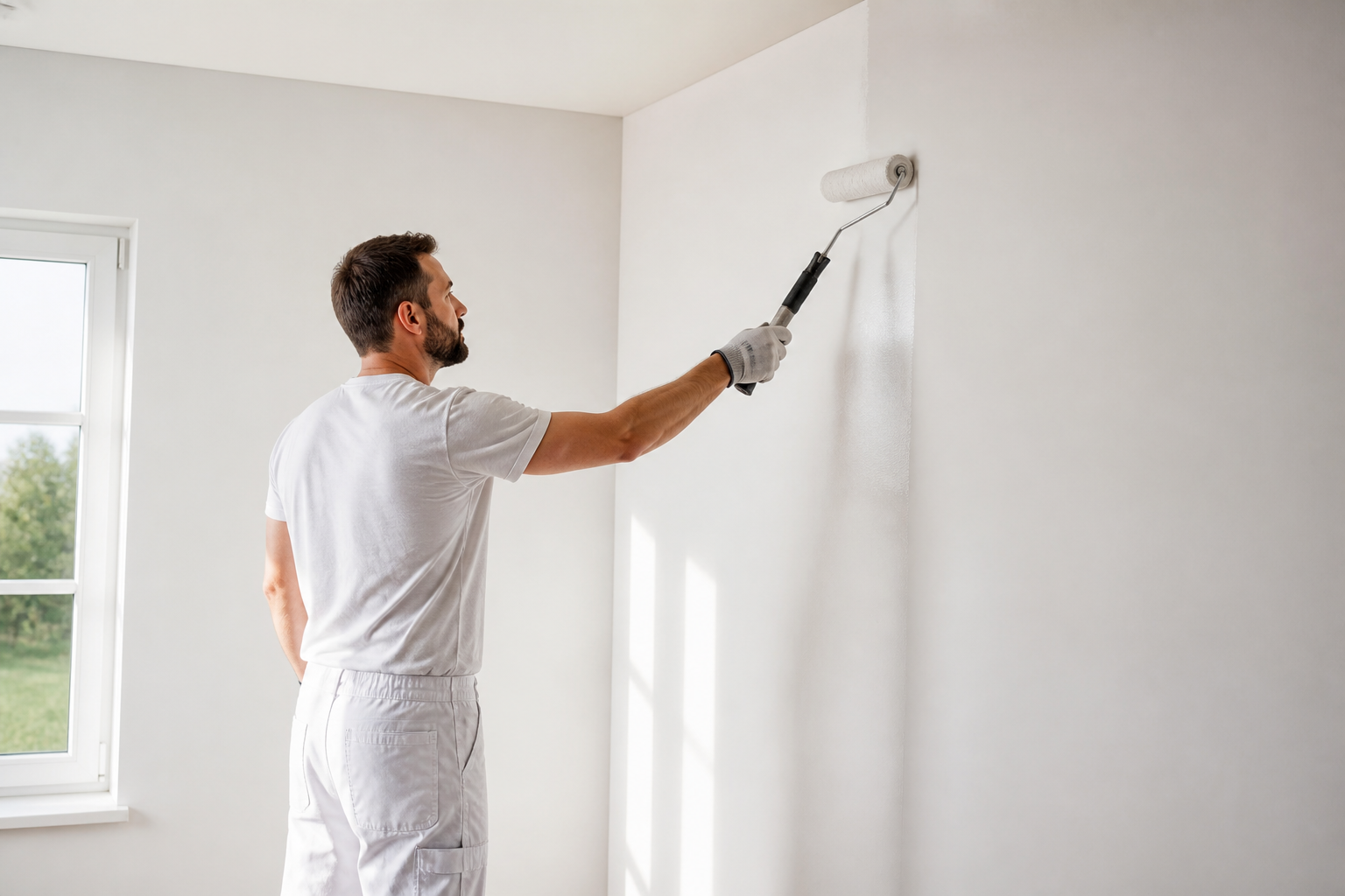 Artisan appliquant peinture blanche au rouleau sur mur intérieur propre
