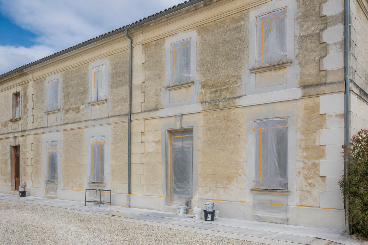 Façade girondine préparée pour peinture extérieure artisanale